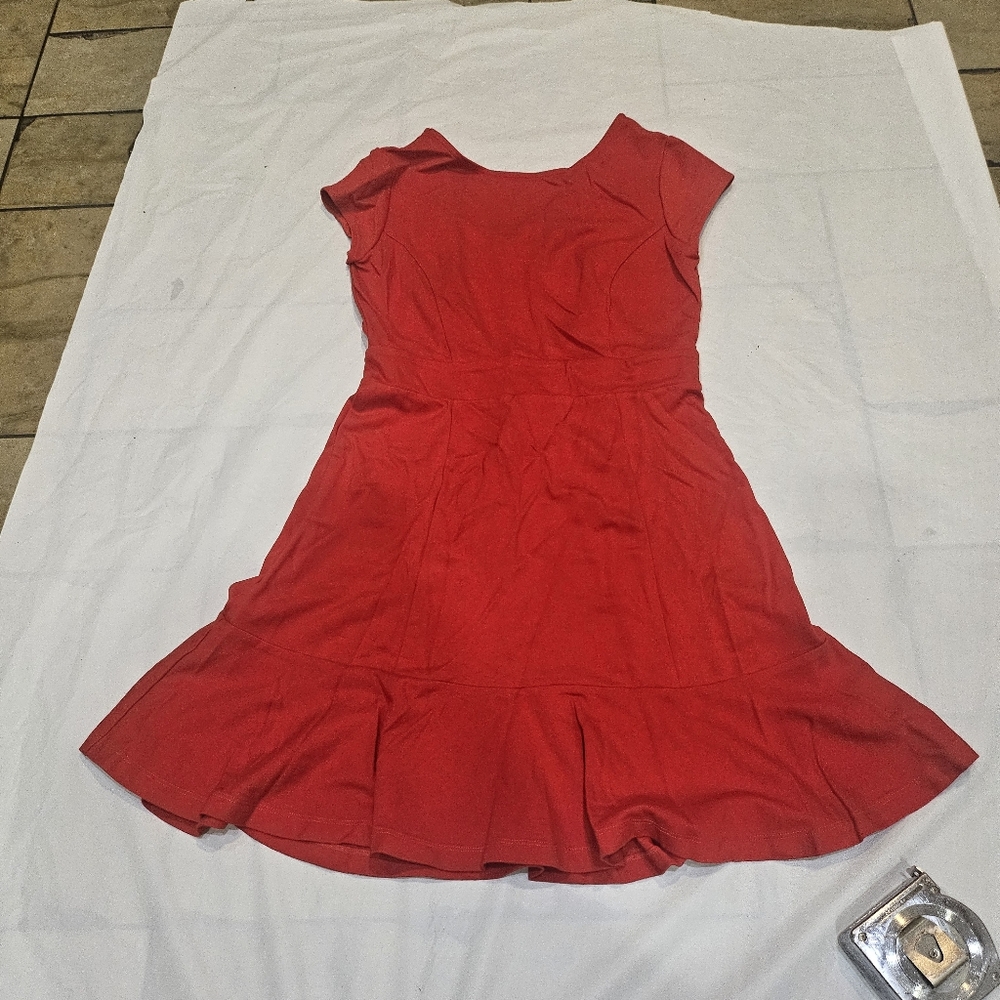 LOFT Red Fit & Flare Dress with Flounced Hem